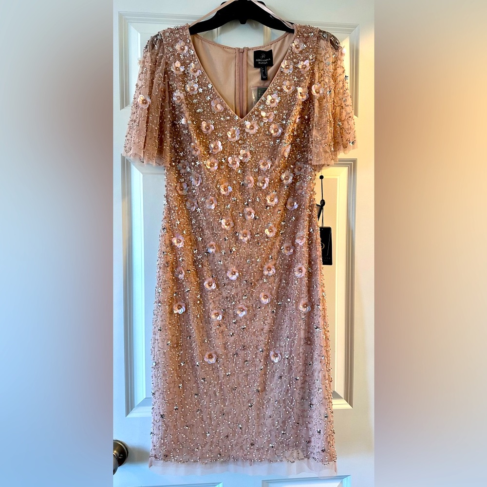 Adrianna Papell Blush Pink Sequin & Floral Appliqué Cocktail Dress